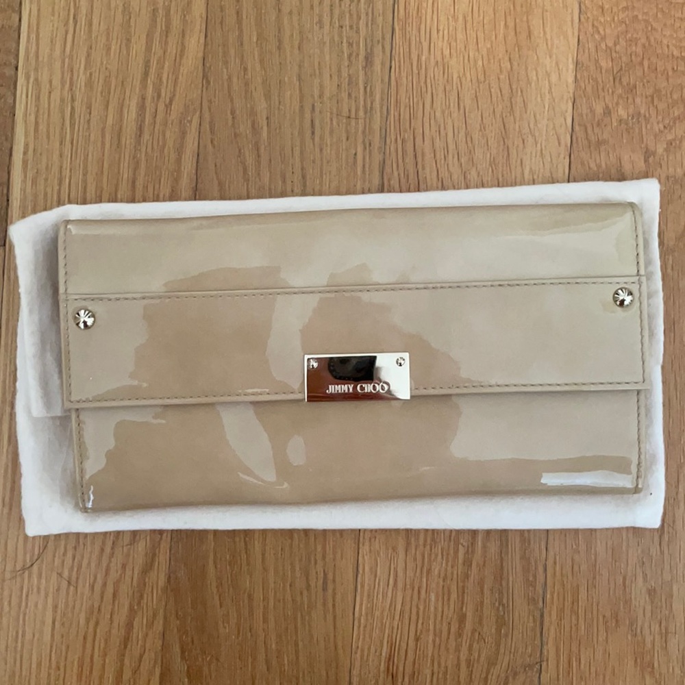 Jimmy Choo patent leather beige clutch